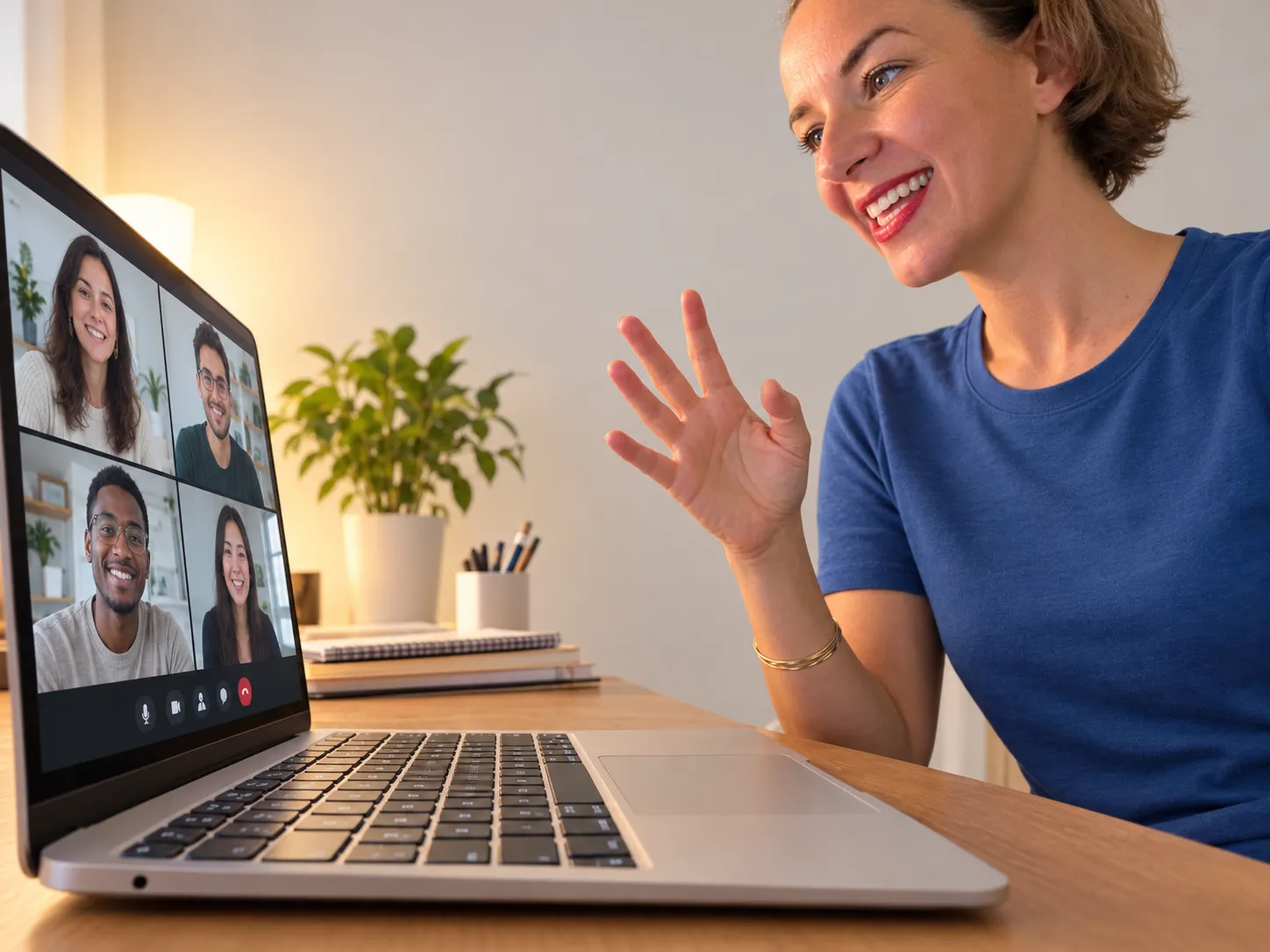 Audrey, professeure de FLE, anime un cours de français en groupe en ligne sur Zoom